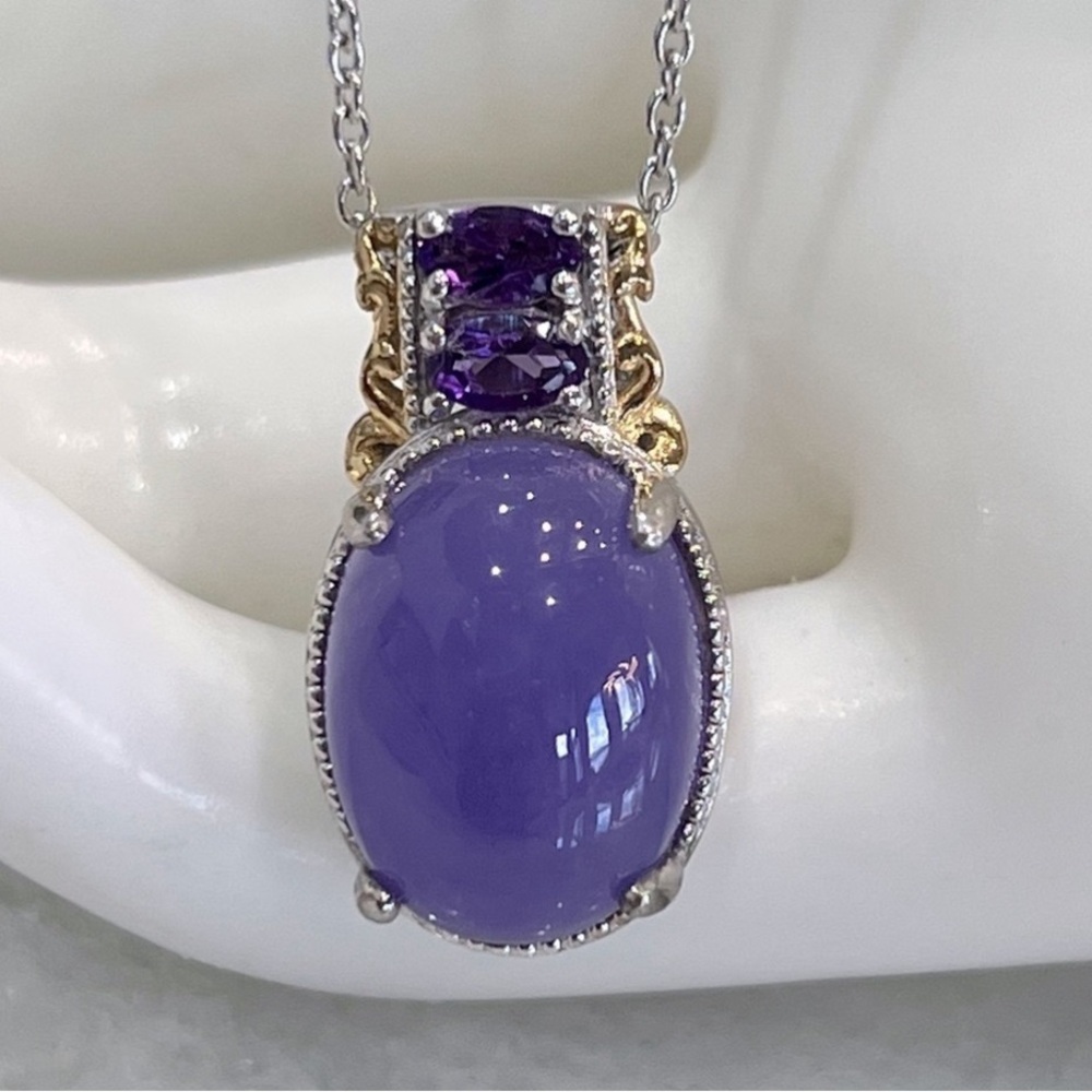 Burmese Purple Jade Amethyst YG Sterling Silver Pendant 20” Necklace